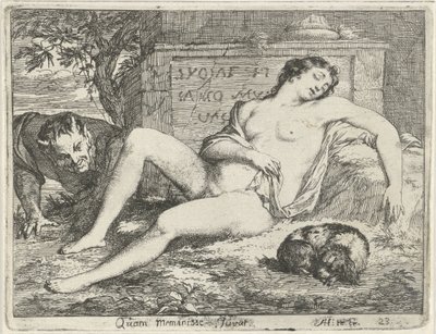 Sovende nymfe med en hund spionert av en satyr Quam meminisse Juvat (tittel på objekt) Scene med syndestatuer åpnet til tjeneste for malere, statueholdere osv. (serietittel) av Arnold Houbraken