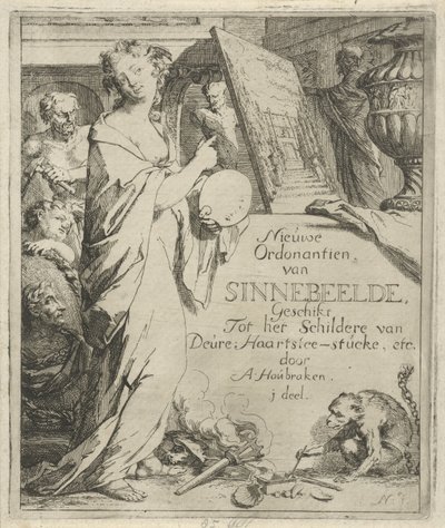 Kvinnefigur med palett som peker på et maleri Titteltrykk av: Toneel van Sinnebeelden, tredje del Ny Ordonantien van Sinnebeelde, Suitable For Painting av Deure Haartslee-stucke, etc. (tittel på objekt) Scene med syndebilder åpnet for å dø av Arnold Houbraken
