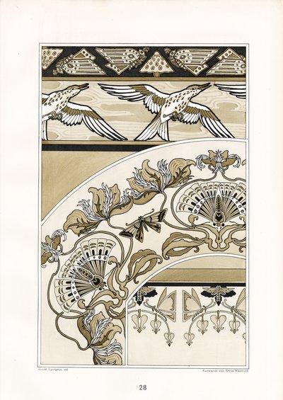 Dekorative art nouveau-ornamenter med fugler og viftemotiver (lito) av Arnold Lyongrün