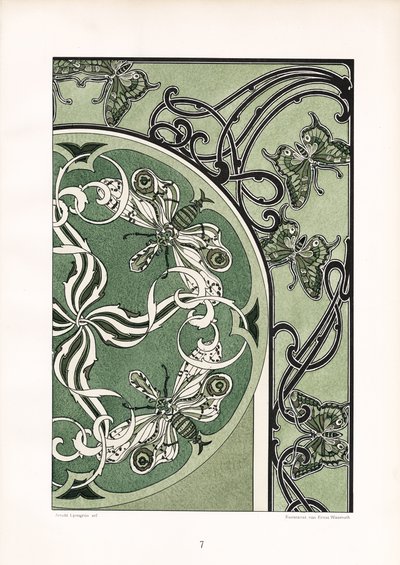 Insektmotiver i grønn ornamental komposisjon (lito) av Arnold Lyongrün