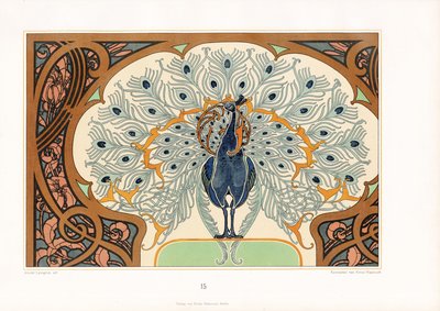 Påfugl i ornamental innramming med jugenddekorasjon (lito) av Arnold Lyongrün