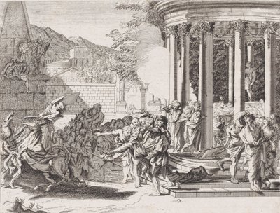 Sinorix being carried from the temple after being poisoned, 1650-1700.    1202609   no       norwegian Successfully Translated  Original: A City Thoroughfare, 1872. Translat: 
