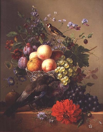 Stilleben med frukt og blomster av Arnoldus Bloemers