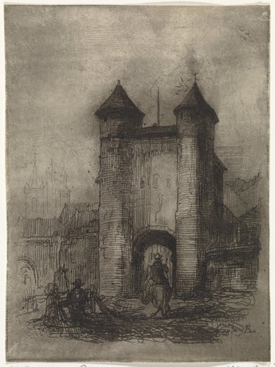 Utsikt over Helpoort i Maastricht, sett fra marksiden Porte du Jaer (tittel på objekt) av Arnoud Schaepkens