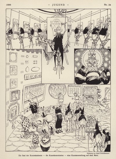 Et rom ved Kunstakademiet; kunstkommisjonen; en kunstutstilling på Mars (litho) av Arpad Schmidhammer