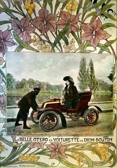 La Belle Otero ved rattet i en De Dion-Bouton-bil, ca. 1900 av Arsene Herbinier