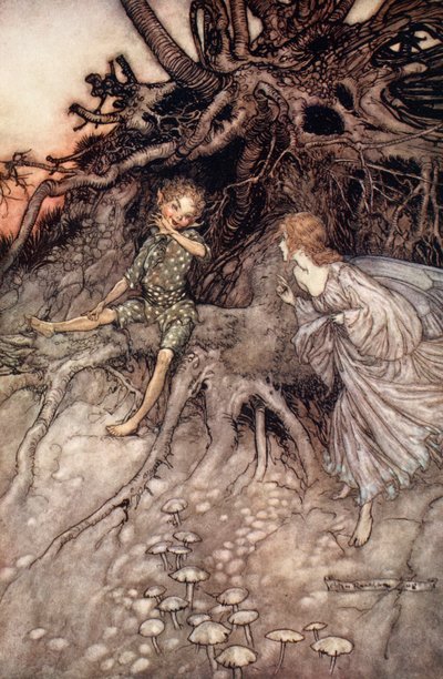 Jeg er nattens lystige vandrer, illustrasjon fra "Midsummer Nights Dream" av William Shakespeare av Arthur (after) Rackham