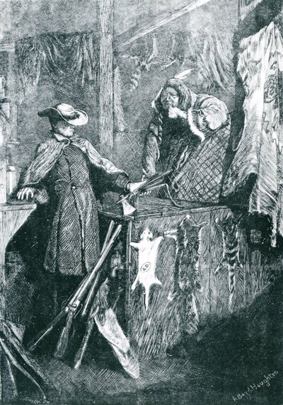 Byttehandel med indianerne i de vestlige delstatene i Amerika, gravert av Joseph Swain (1820-1909) 1871 av Arthur Boyd Houghton