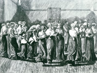 Shakers at a Meeting: the Religious Dance, illustrasjon fra The Graphic, publisert 14. mai 1870 av Arthur Boyd Houghton