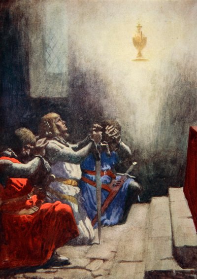 Galahad alene kunne se den perfekte skjønnheten til den hellige gral, ca. 1925 (farge litho) av Arthur C. (after) Michael