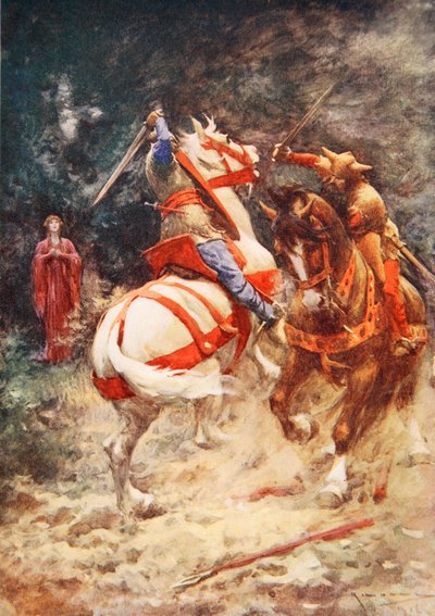 The Knight of the Swan (farge litho) av Arthur C. (after) Michael