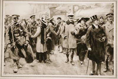 The Weekend away from the Front: Britiske offiserer og menn på kort permisjon fra skyttergravene som ankommer Victoria, fra 'The Illustrated War News' av Arthur C. (after) Michael