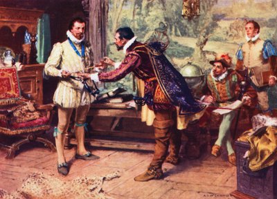 Ralph Lane, Virginias første guvernør, overrakte en indisk pipe til Sir Walter Raleigh i 1586, og introduserte dermed pipe … (fargelitografi) av Arthur David (after) McCormick