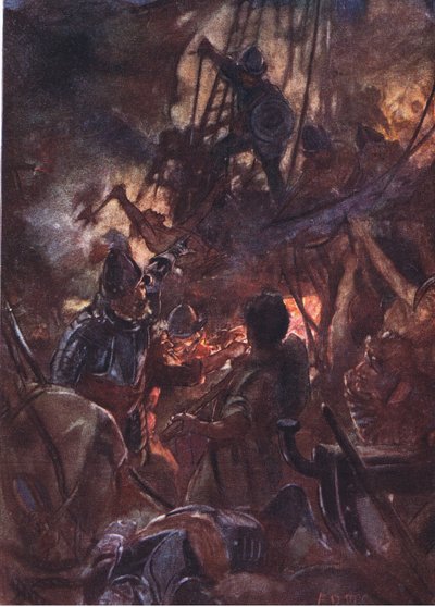 Kampen raste heftig og lang, illustrasjon fra Romance of History: The Netherlands, 1920-tallet av Arthur David McCormick