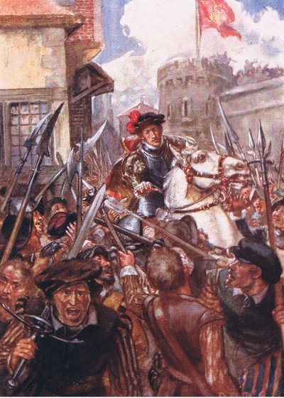 Han satte seg på hesten og red stille og uten tilsyn til den røde porten, illustrasjon fra Romance of History: The Netherlands, 1920-tallet av Arthur David McCormick