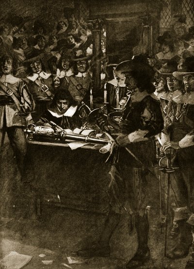 Strafford leverer sverdet sitt i Underhuset, illustrasjon fra Hutchinsons 'Story of the British Nation', ca. 1920 av Arthur David McCormick