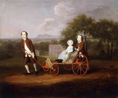 Et gruppeportrett av tre av barna til Peter og Mary Du Cane, alle små i full lengde, leker med en forseggjort hundevogn, på eiendommen til et landsted, 1747 av Arthur Devis