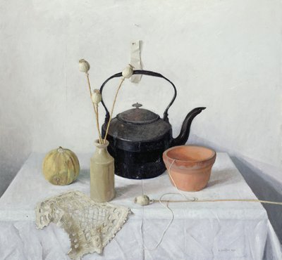 Kettle, Poppyheads and Gourd, Still Life, 1990 av Arthur Easton