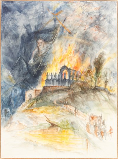 En kirkelig bygning i flammer med demoner over av Arthur Frederick Payne