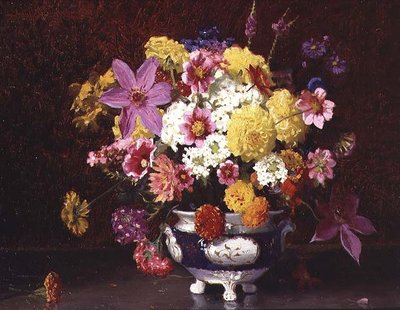 Stilleben med syriner og krysantemum av Arthur Herbert Buckland