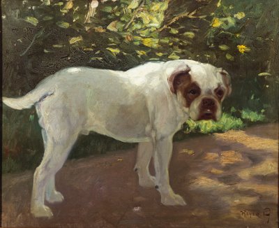 En bulldog på en hagesti (olje på lerret) av Arthur Heyer