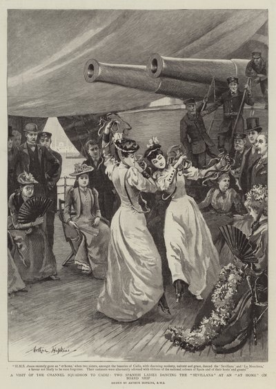 Et besøk av kanalskvadronen til Cadiz, to spanske damer som danser Sevillana hjemme på et skip av Arthur Hopkins