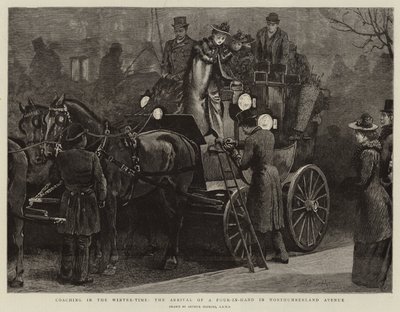 Coaching om vinteren, ankomsten av en Four-in-Hand i Northumberland Avenue av Arthur Hopkins