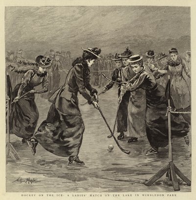 Hockey on the Ice, en damekamp på innsjøen i Wimbledon Park av Arthur Hopkins