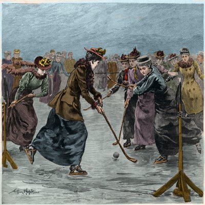 Ishockey: en damekamp på sjøen i Wimbledon Park. (senere fargelegging). av Arthur Hopkins