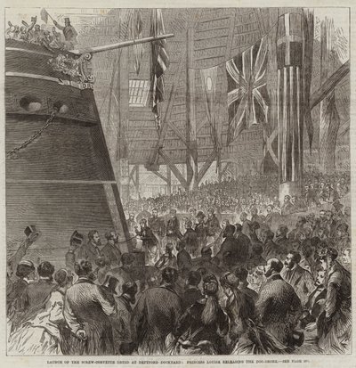 Lansering av Screw-Corvette Druid på Deptford Dockyard, Prinsesse Louise slipper Dog-Shore av Arthur Hopkins