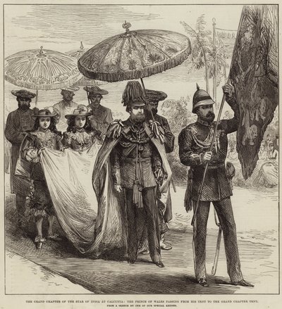 The Grand Chapter of the Star of India i Calcutta, prinsen av Wales som går fra teltet til Grand Chapter-teltet av Arthur Hopkins
