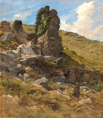 A Rocky Outcrop (olje på kort) av Arthur Hughes