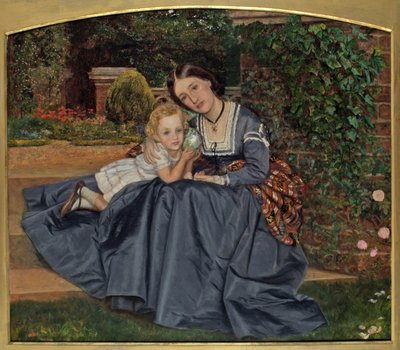 Mor og barn satt i hagen, 1865-70 av Arthur Hughes