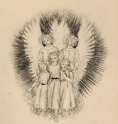 Tre små barn på den brede jorden (penn og svart blekk på off-white papir) av Arthur Hughes