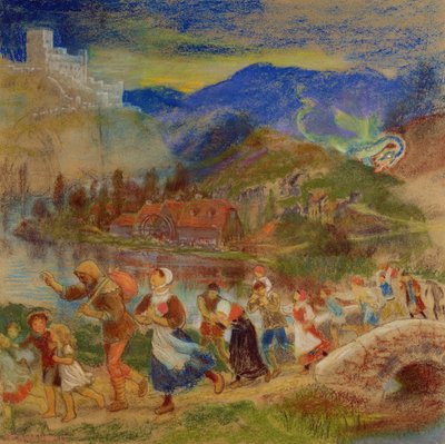 Landsbyboere som flykter fra en drage av Arthur Hughes