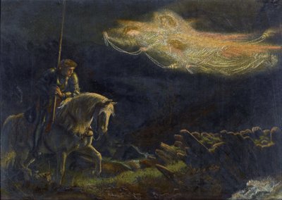 Sir Galahad. La Quete du Saint Graal Sir Galahad. The Quest for the Holy Grail av Arthur Hughes (1832-1915) - Olje på tre, 30,5x43 - Privat samling av Arthur Hugues