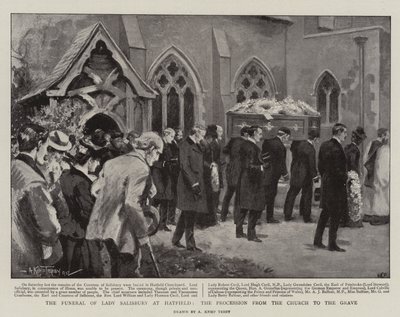 Begravelsen til Lady Salisbury på Hatfield, prosesjonen fra kirken til graven (litho) av Arthur Kemp Tebby