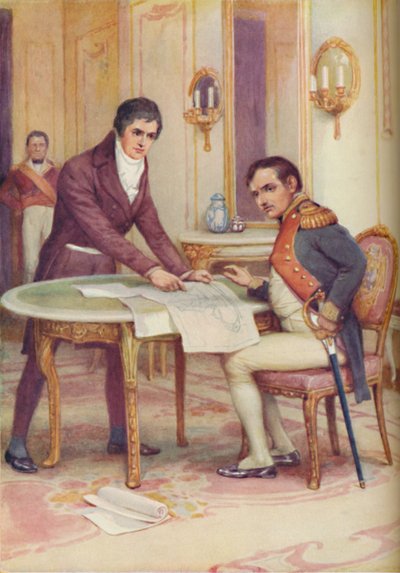 Fulton forklarer ubåten sin til Napoleon, c1925 av Arthur Percy Dixon