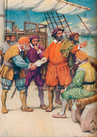 Magellan konsulterer med sine navigatører, c1925 av Arthur Percy Dixon