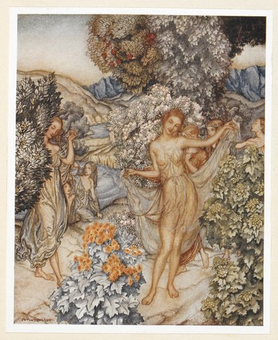 AKT IV: Scene I, linje 132 Kom, temperer nymfer, og vær med å feire En kontrakt om ekte kjærlighet. Prospero instruerer Ariel om å legge igjen glorete klær på et tre for å friste mennene. av Arthur Rackham