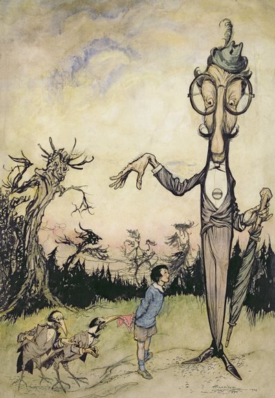A Giant with a Child and Two Crows, illustrasjon fra The Book of Betty Barber av Maggie Brown, pub.1910 (penn og blekk, senere fargelagt av Harry Rountree, 1878-1950) (også en illustrasjon for boken o av Arthur Rackham