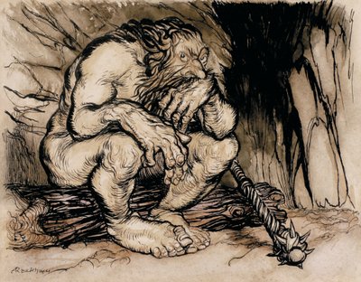 A Most Terrific Giant, illustrasjon fra English Fairy Tales, utgitt 1918 (penn og blekk og wc på papir) av Arthur Rackham