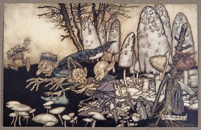 En gjeng arbeidere som var i ferd med å sage ned en paddehatte skyndte seg bort og la verktøyene sine bak seg, fra Peter Pan i Kensington Gardens av J M Barrie (1860 - 1937), pub. 1906 av Arthur Rackham