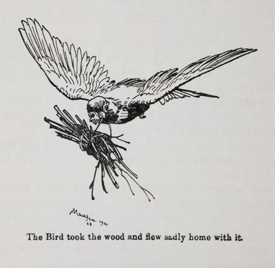 En fugl som bærer en bunt med kvister. av Arthur Rackham