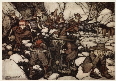 Et selskap med rare personer som spiller på nipins., fra Rip Van Winkle av Washington Irving, pub. 1910 av Arthur Rackham