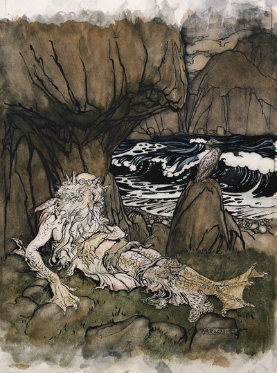 En kronet "havmann", en havgud som sover på en steinete kyst av Arthur Rackham