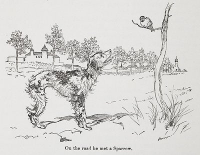En hund og en spurv. av Arthur Rackham