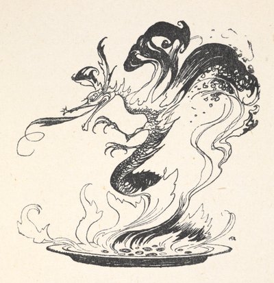 En drage som dukker opp fra en tallerken med brennende penger av Arthur Rackham