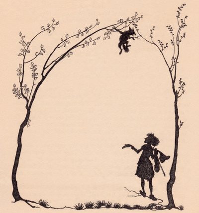 En rev bundet med potene til to hasseltrær. Illustrasjon av Arthur Rackham fra Grimm