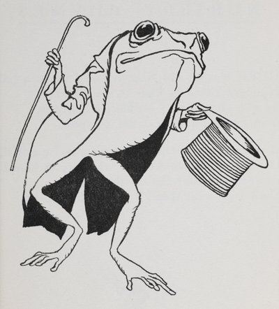 En frosk iført topplue og haler, bærende på en stokk. av Arthur Rackham